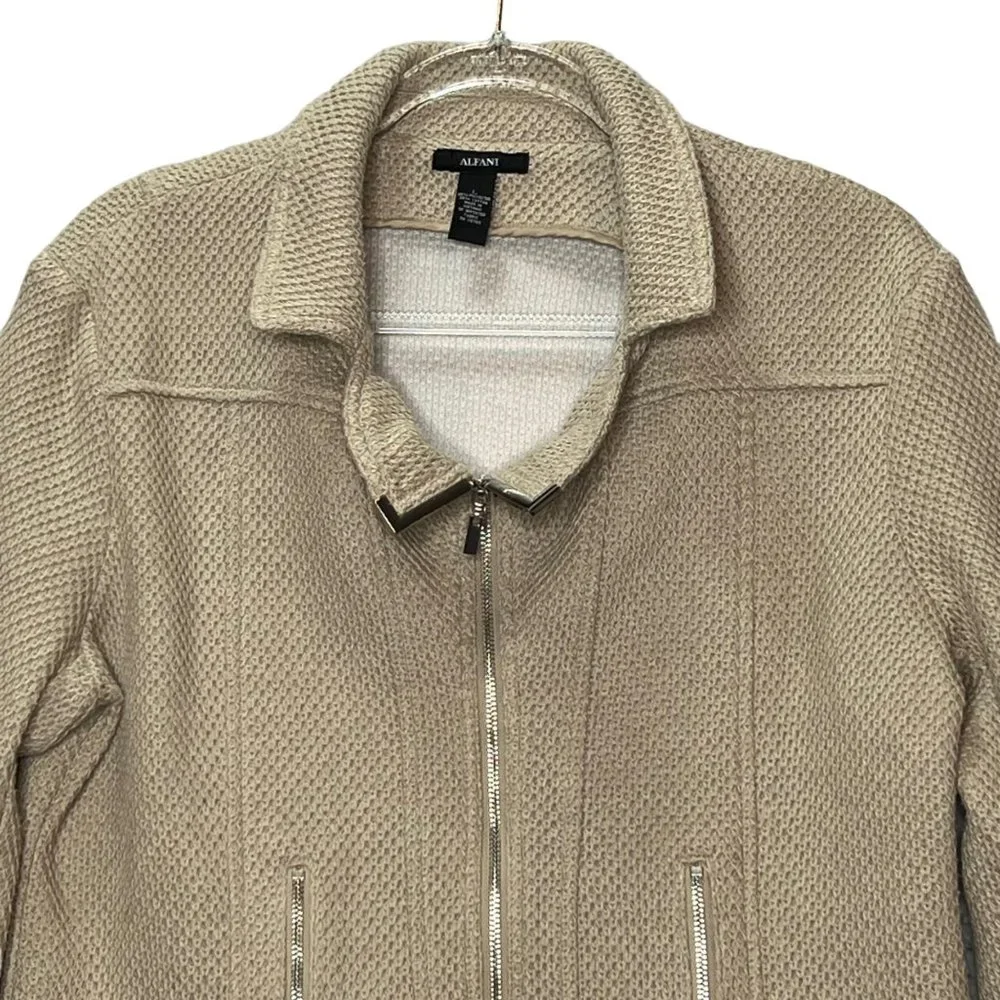 Alfani Jacket Mens Large Textured Knit Moto Beige Full Zip Pockets Notched Colla